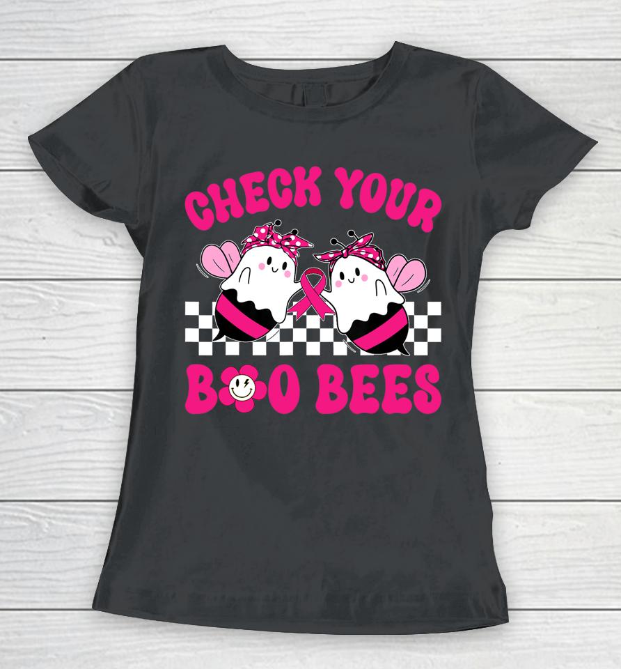 Hippie Groovy Check Your Boo Bees Breast Cancer Halloween Women T-Shirt