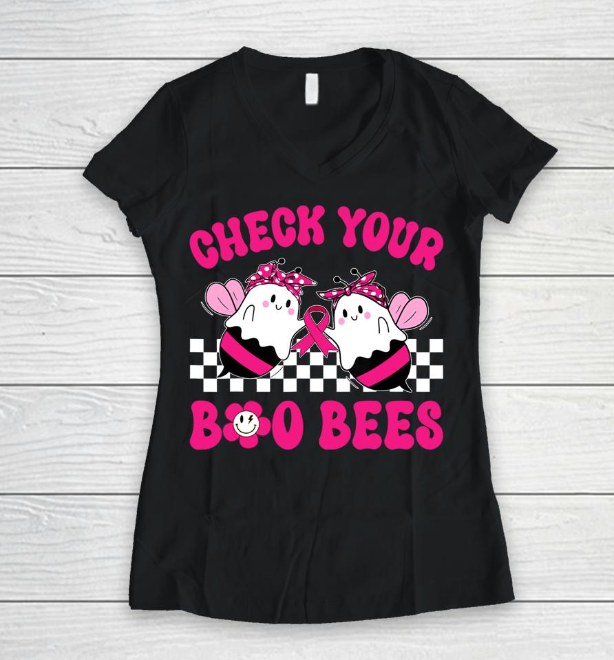 Hippie Groovy Check Your Boo Bees Breast Cancer Halloween Women V-Neck T-Shirt