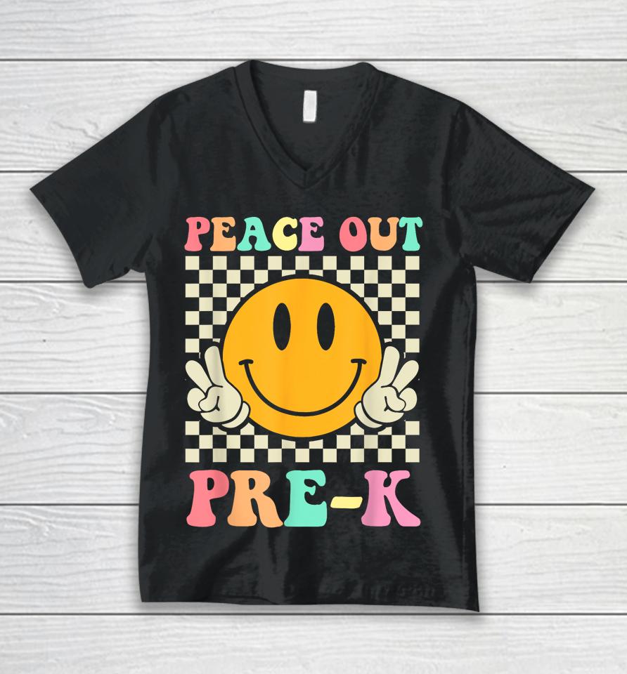 Hippie Peace Out Pre-K Teacher Kids Last Day Of School Unisex V-Neck T-Shirt