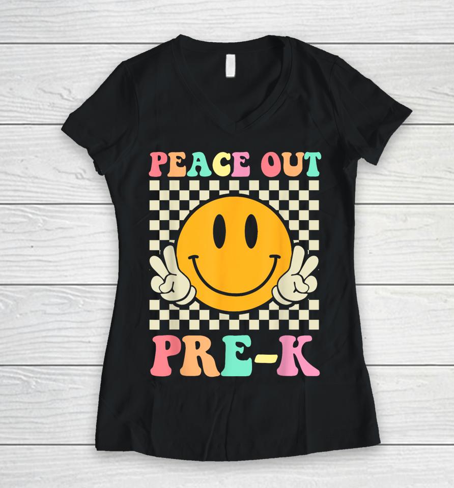 Hippie Peace Out Pre-K Teacher Kids Last Day Of School Women V-Neck T-Shirt