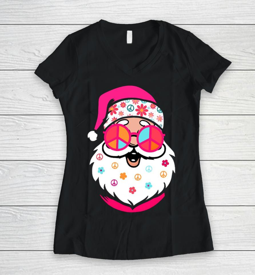 Hippie Santa Cute Christmas Retro Groovy Santa Pink Santa Women V-Neck T-Shirt