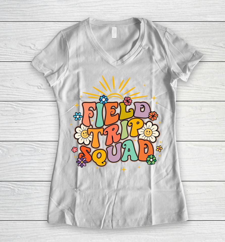 Hippie Smile Face Field Trip Squad Groovy Field Day 2023 Women V-Neck T-Shirt