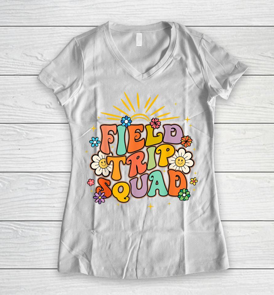 Hippie Smile Face Field Trip Squad Groovy Field Day 2023 Women V-Neck T-Shirt