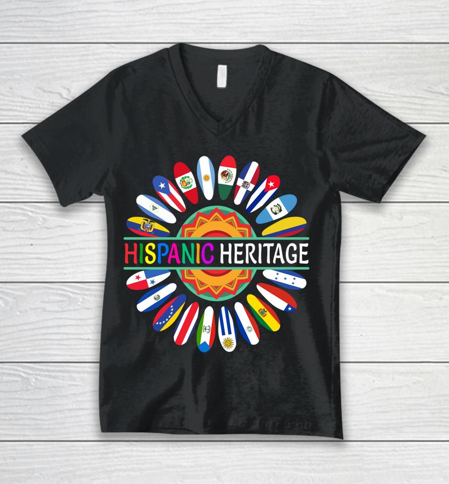 Hispanic Countries Flags Sunflower Hispanic Heritage Month Unisex V-Neck T-Shirt
