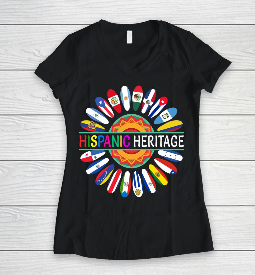 Hispanic Countries Flags Sunflower Hispanic Heritage Month Women V-Neck T-Shirt