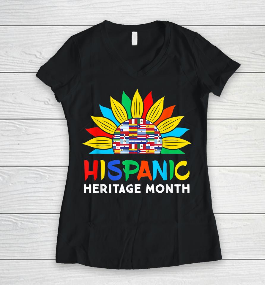 Hispanic Heritage Month Colorful Sunflower Flag Root Latino Women V-Neck T-Shirt