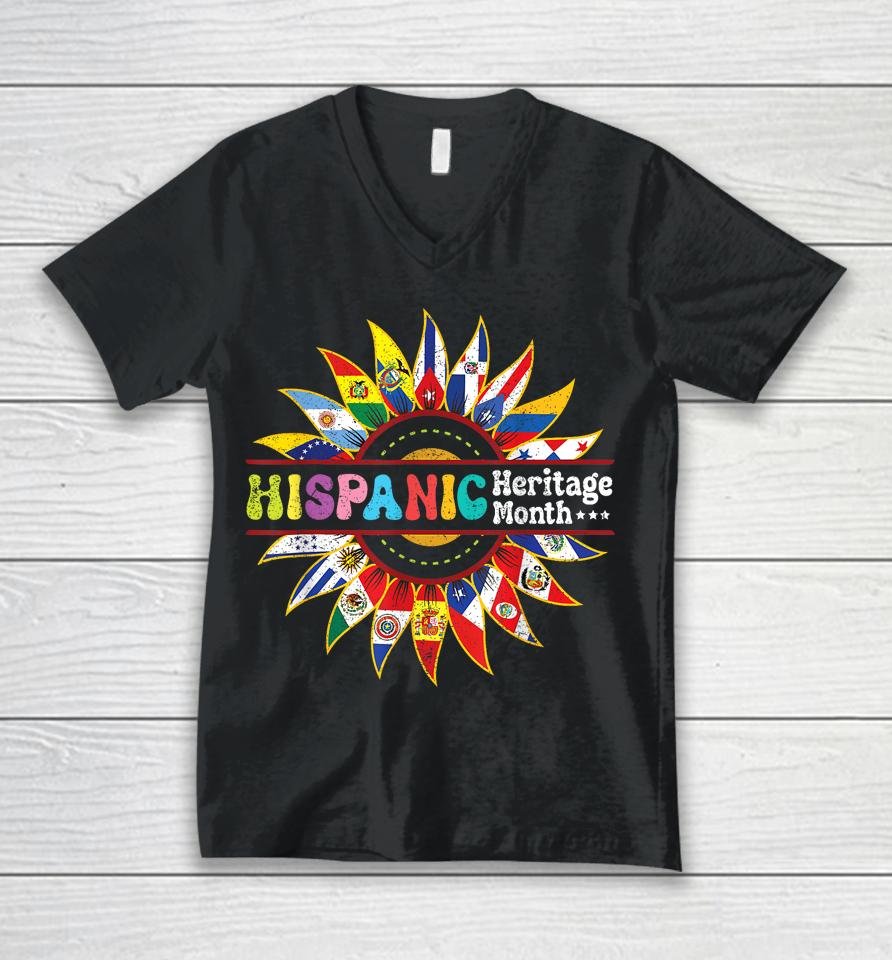 Hispanic Heritage Month Latino Countries Flags Sunflower Unisex V-Neck T-Shirt