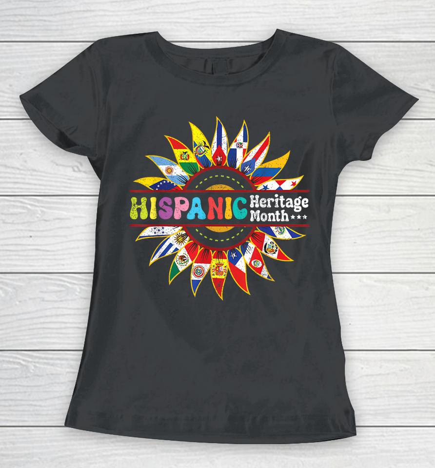 Hispanic Heritage Month Latino Countries Flags Sunflower Women T-Shirt