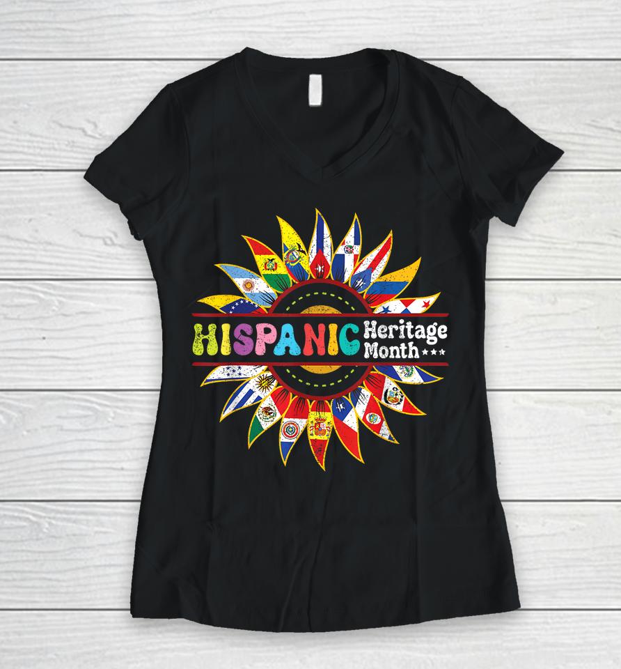 Hispanic Heritage Month Latino Countries Flags Sunflower Women V-Neck T-Shirt