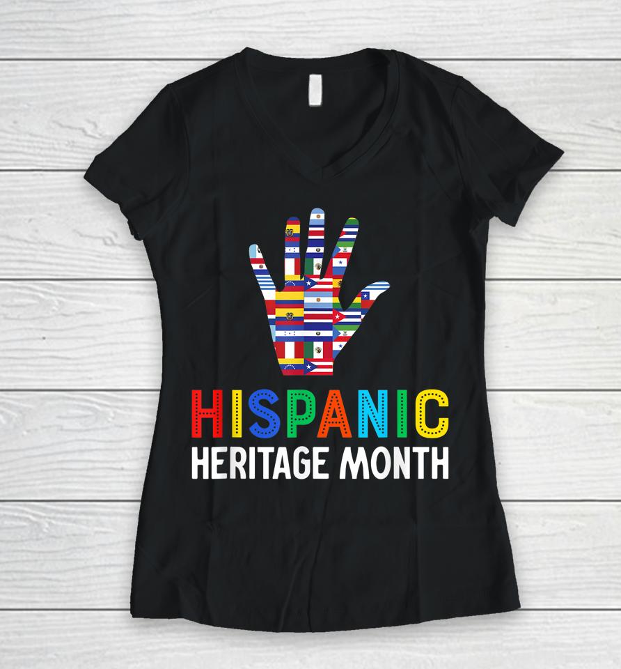 Hispanic Heritage Month T-Shirt Hand Flag Root Latino Women V-Neck T-Shirt