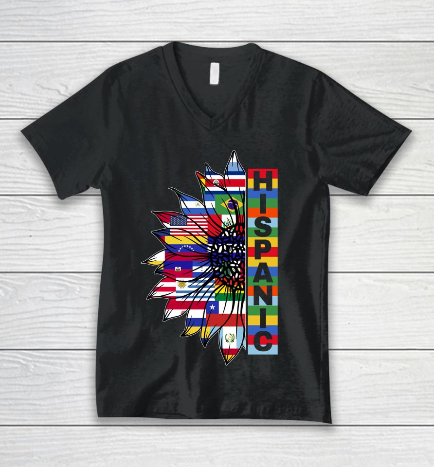 Hispanic Heritage Sunflower Latino Countries Flags Month Unisex V-Neck T-Shirt