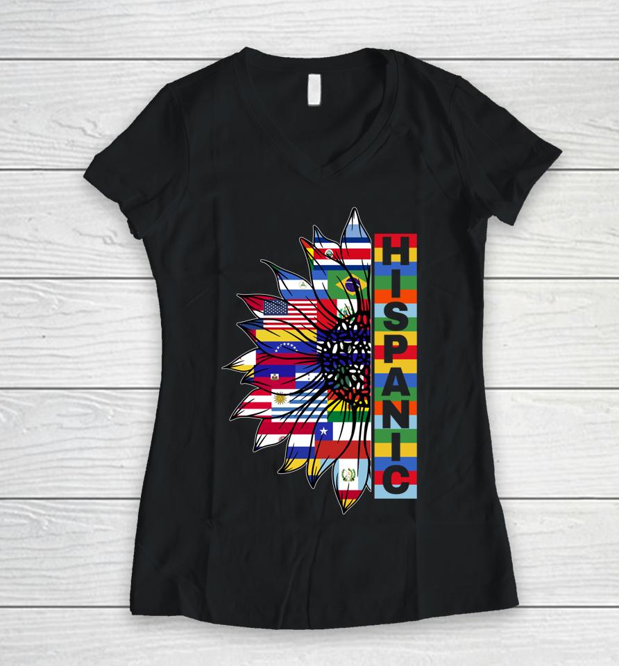Hispanic Heritage Sunflower Latino Countries Flags Month Women V-Neck T-Shirt