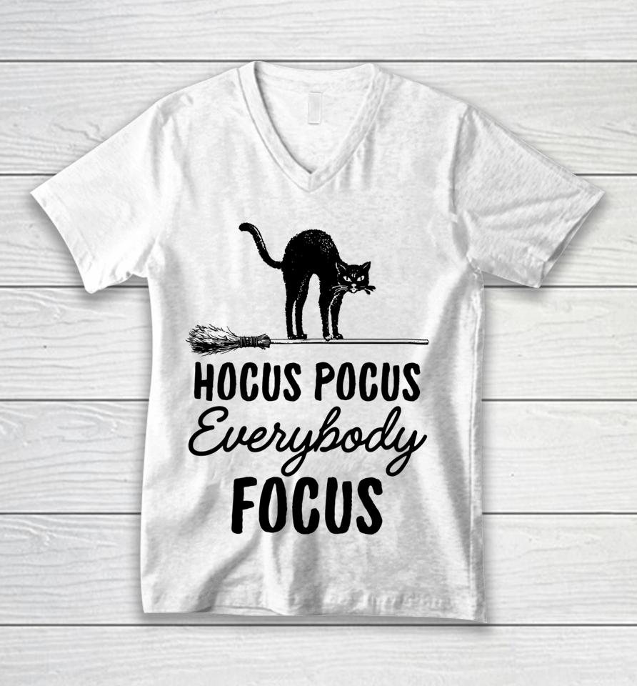 Hocus Pocus Everybody Focus Funny Cat Halloween Teacher Unisex V-Neck T-Shirt