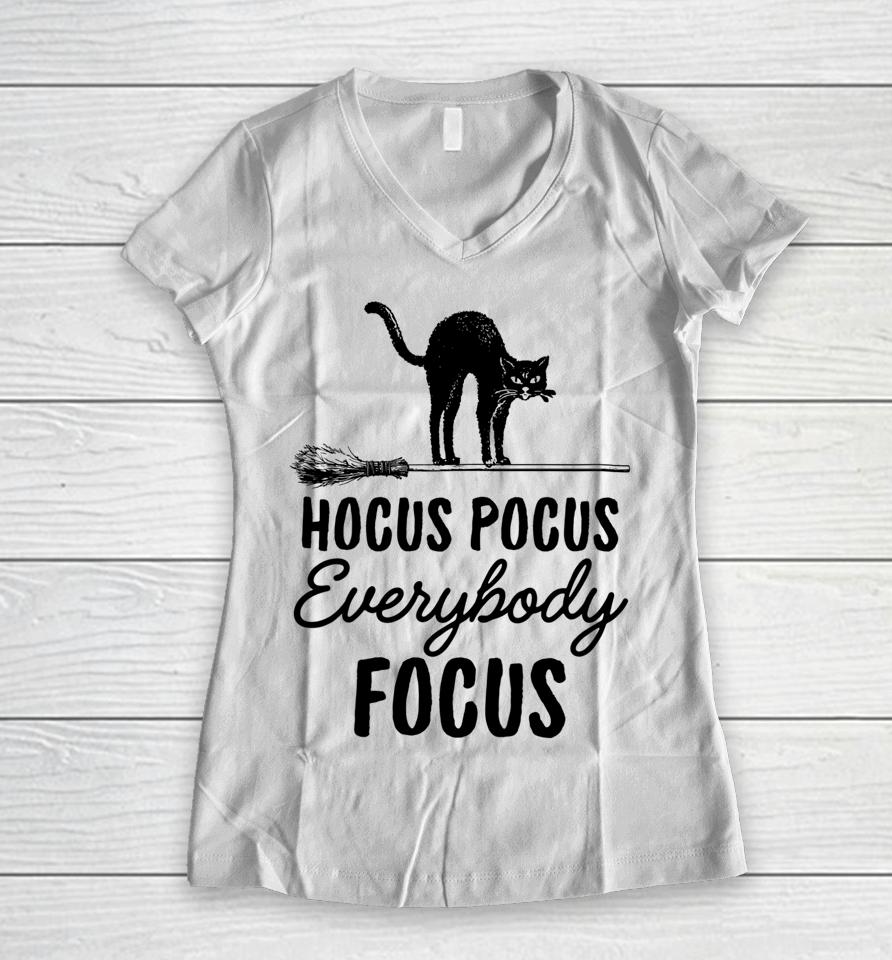 Hocus Pocus Everybody Focus Funny Cat Halloween Teacher Women V-Neck T-Shirt