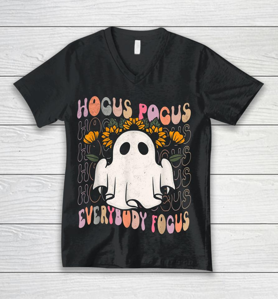 Hocus Pocus Everybody Focus Teacher Spooky Pumpkin Halloween Unisex V-Neck T-Shirt