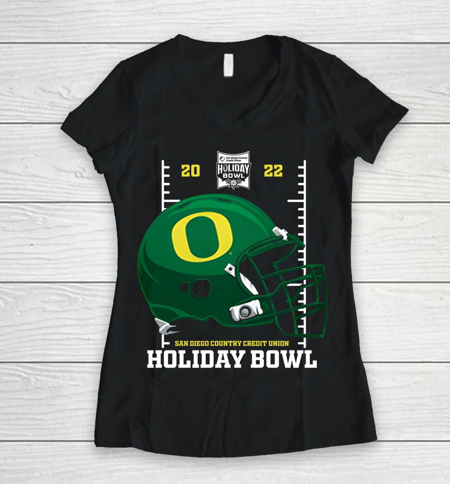 Holiday Bowl Oregon Ducks Helmet 2022 Black Holiday Bowl Shop Women V-Neck T-Shirt