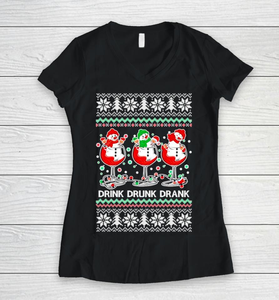 Holiday Spirits Drink Drank Drunk Snowmen Ugly Christmas Women V-Neck T-Shirt