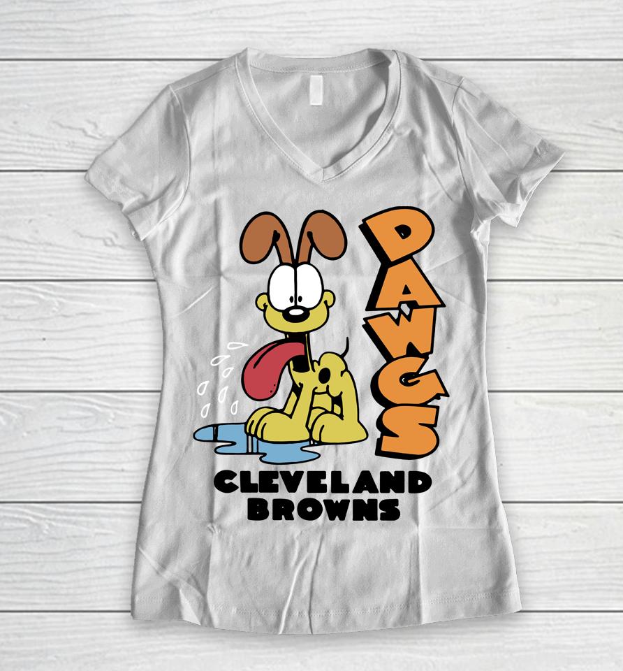 Homage Grey Garfield Odie X Cleveland Browns Women V-Neck T-Shirt