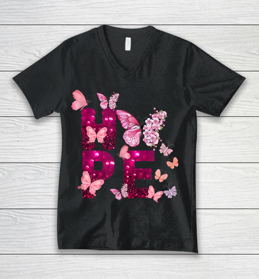 Hope Love Faith Pink Butterflies Cancer Awareness Unisex V-Neck T-Shirt