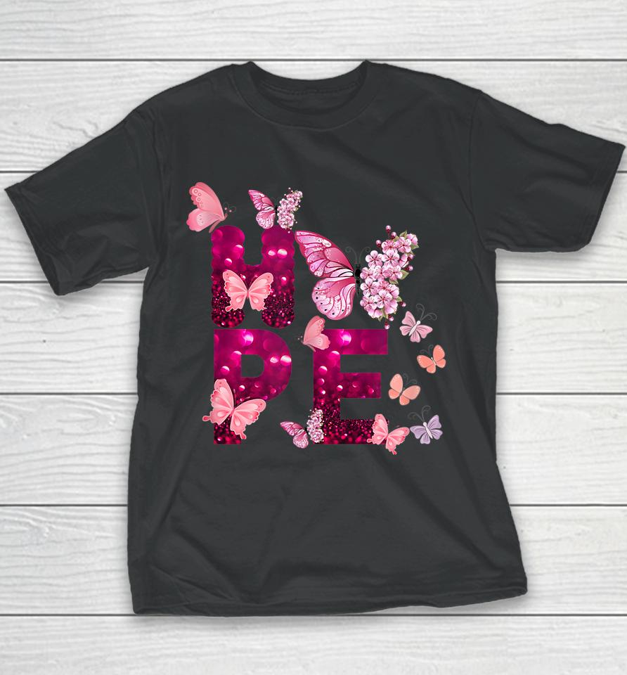 Hope Love Faith Pink Butterflies Cancer Awareness Youth T-Shirt