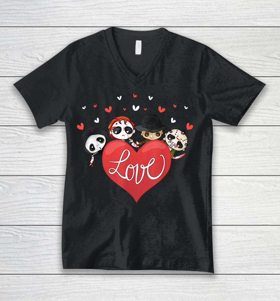 Horror Movie Character Chibi With Heart Love Valentine's Day Unisex V-Neck T-Shirt