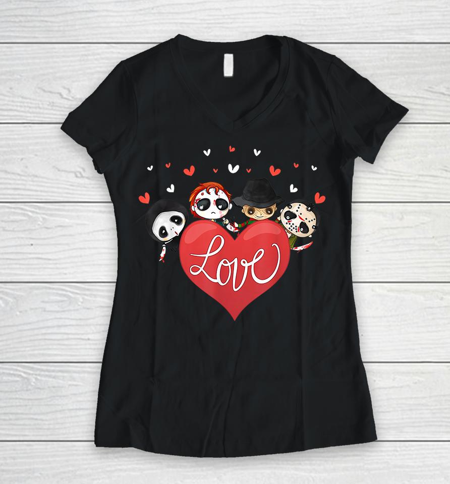 Horror Movie Character Chibi With Heart Love Valentine's Day Women V-Neck T-Shirt