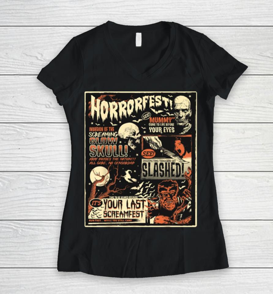 Horrorfest Movie Terror Old Time Halloween Women V-Neck T-Shirt