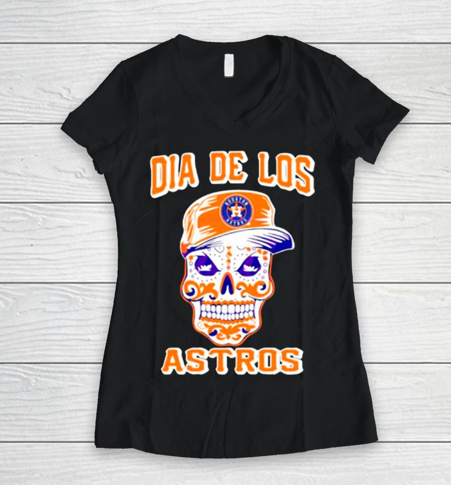 Houston Astros Sugar Skull Dia De Los Astros Women V-Neck T-Shirt