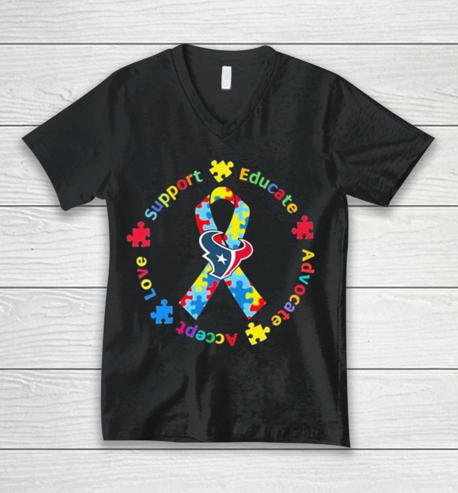 Houston Texans Support Educate Advocate Accept Love Autism Awareness Unisex V-Neck T-Shirt