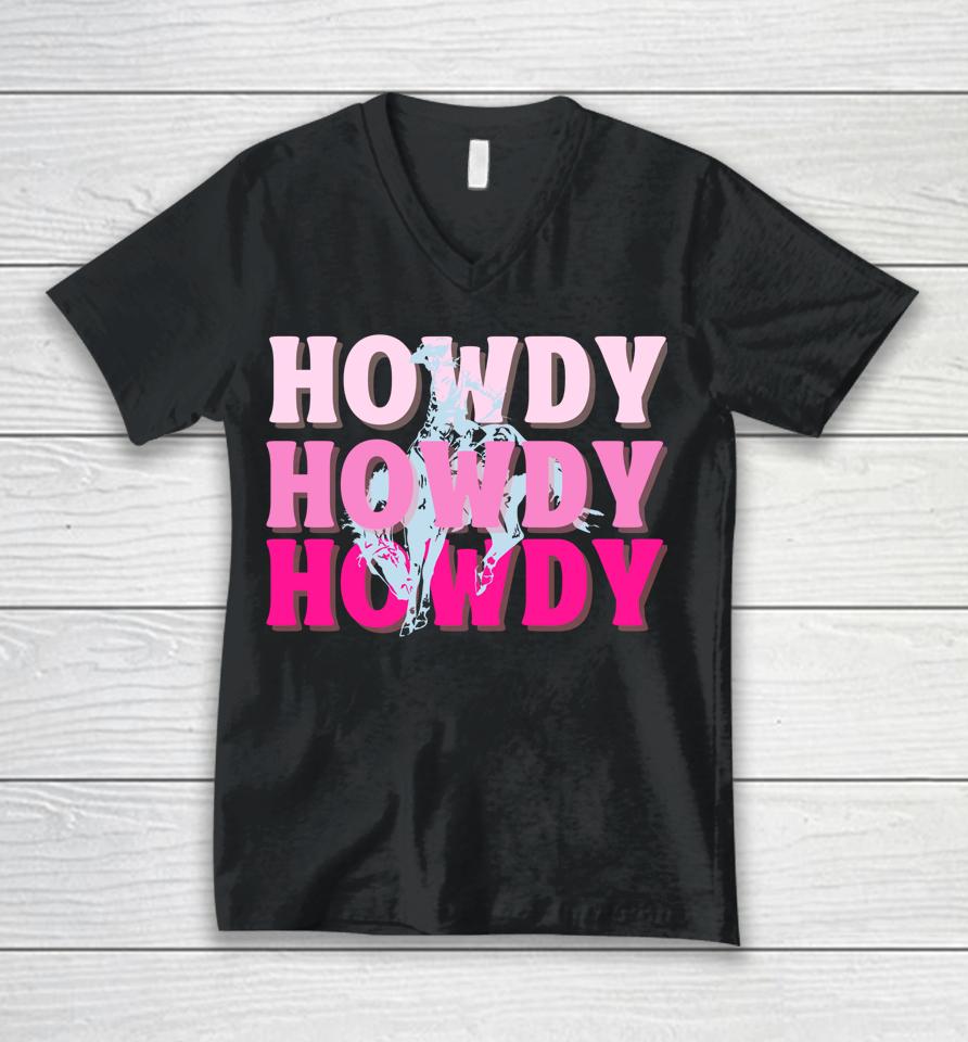 Howdy Cowgirl Vintage Horse Bucking Western Bachelorette Unisex V-Neck T-Shirt