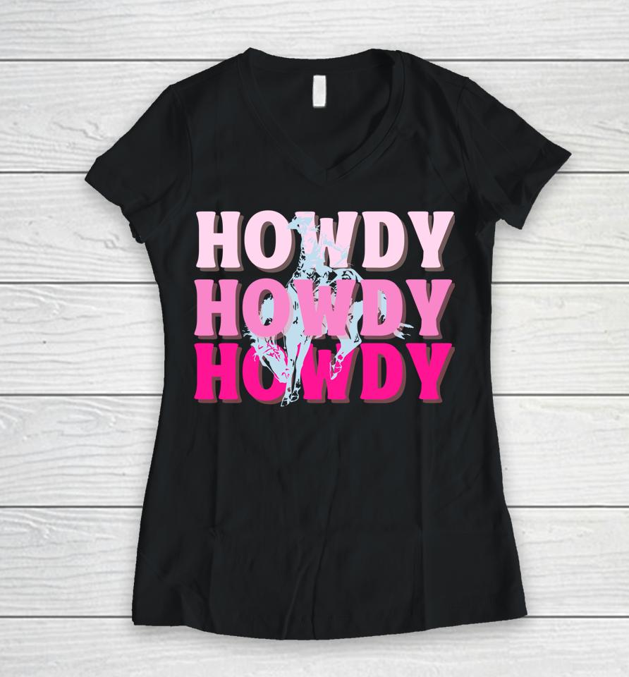 Howdy Cowgirl Vintage Horse Bucking Western Bachelorette Women V-Neck T-Shirt