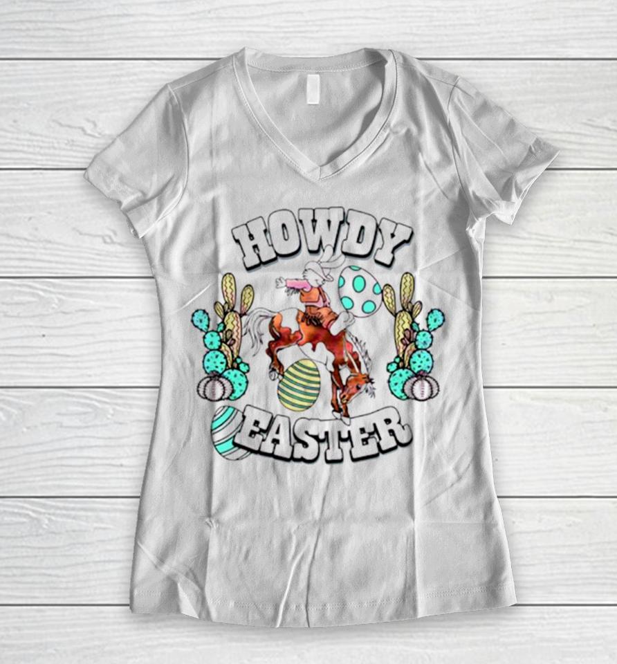 Howdy Easter Cute Cow Girl Bunny Women V-Neck T-Shirt
