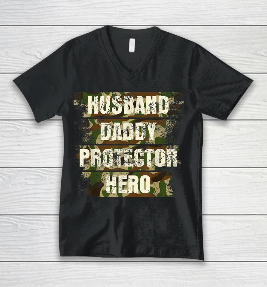 Husband Daddy Protector Hero Fathers Day For Dad Retro Camo Unisex V-Neck T-Shirt