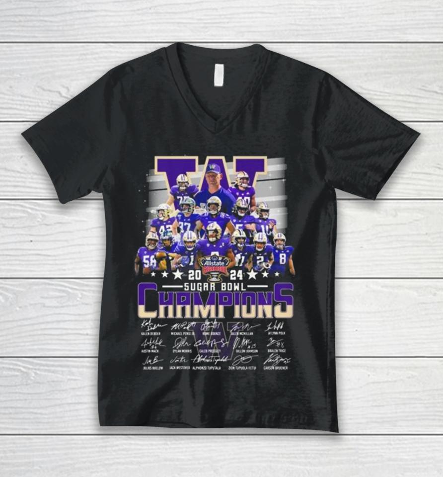 Huskies Team Football 2024 Allstate Sugar Bowl Champions Signatures Unisex V-Neck T-Shirt
