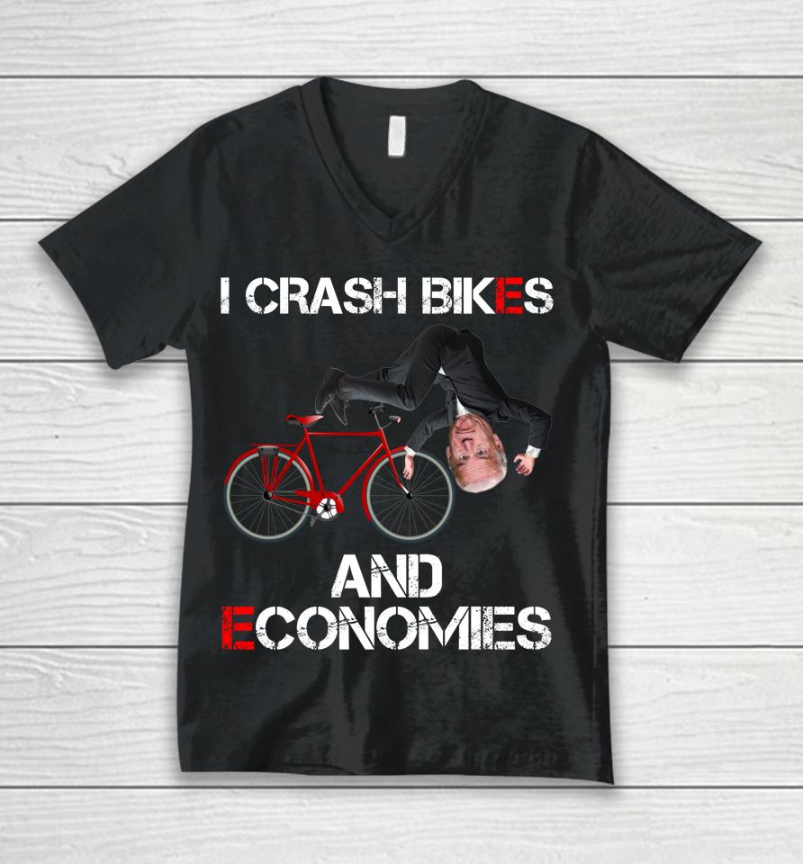 I Crash Bikes And Economies Joe Biden Falling Off Bike Unisex V-Neck T-Shirt