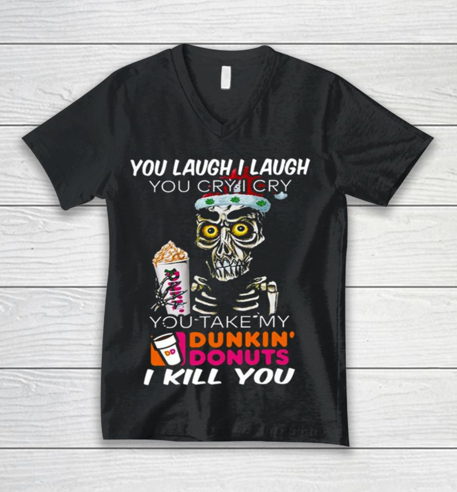 I Cry You Take My Dunkin’ Donuts Skull Funny Unisex V-Neck T-Shirt