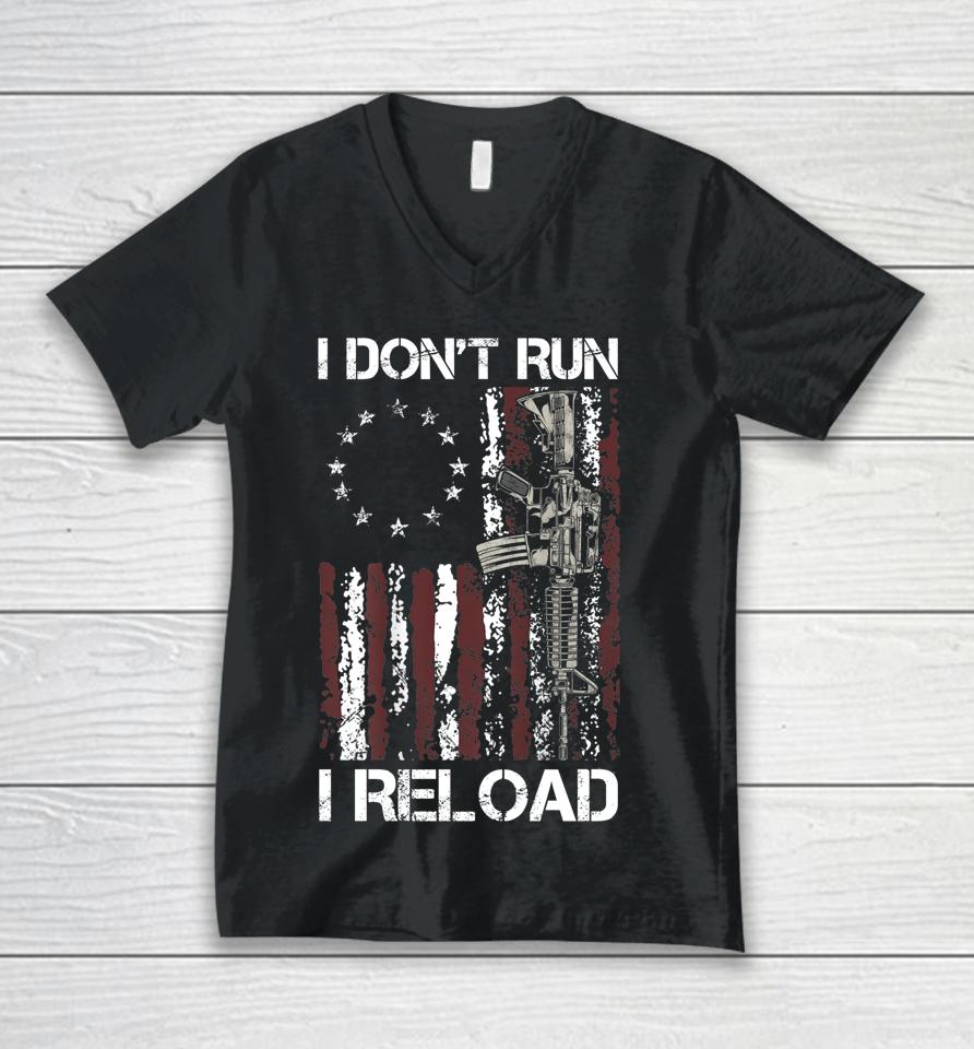 I Don't Run I Reload Gun American Flag Unisex V-Neck T-Shirt