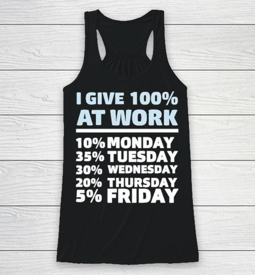 I Give 100% At Work 10% Monday 35% Tuesday 30 % Wednesday 20% Thursday 5% Friday Racerback Tank