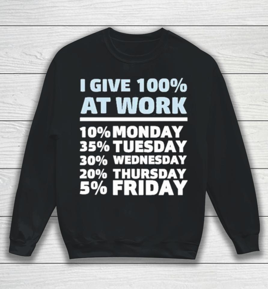 I Give 100% At Work 10% Monday 35% Tuesday 30 % Wednesday 20% Thursday 5% Friday Sweatshirt
