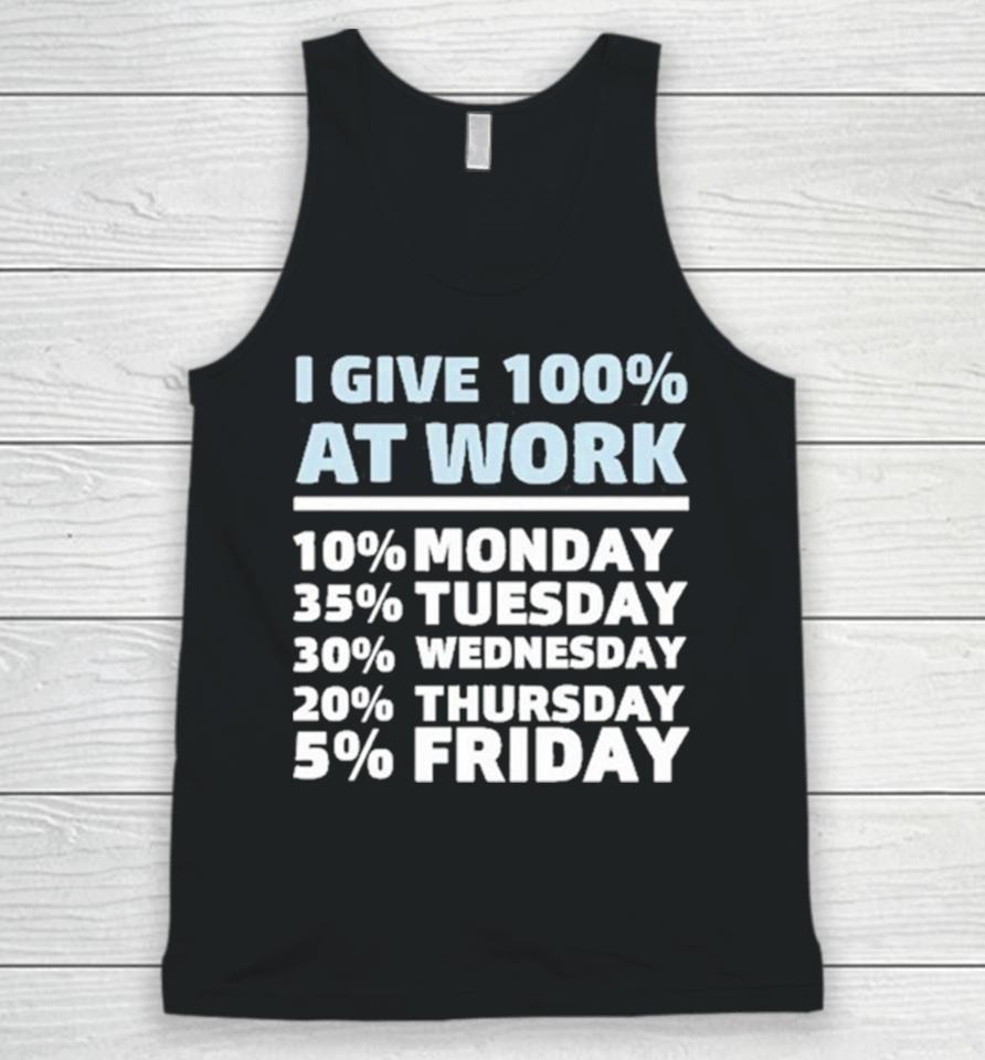 I Give 100% At Work 10% Monday 35% Tuesday 30 % Wednesday 20% Thursday 5% Friday Unisex Tank Top