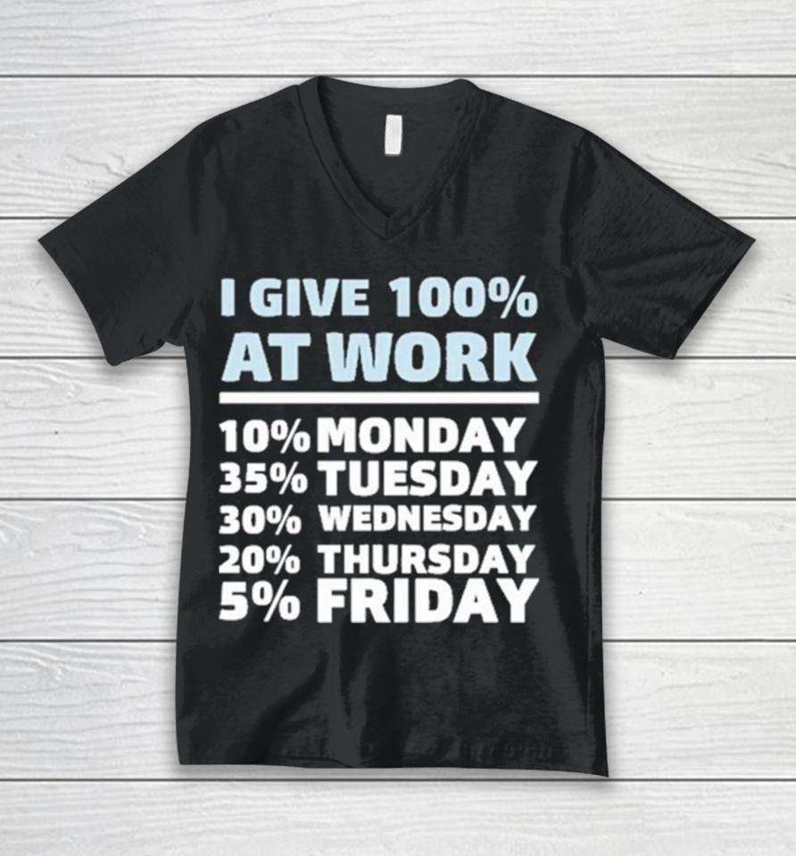 I Give 100% At Work 10% Monday 35% Tuesday 30 % Wednesday 20% Thursday 5% Friday Unisex V-Neck T-Shirt