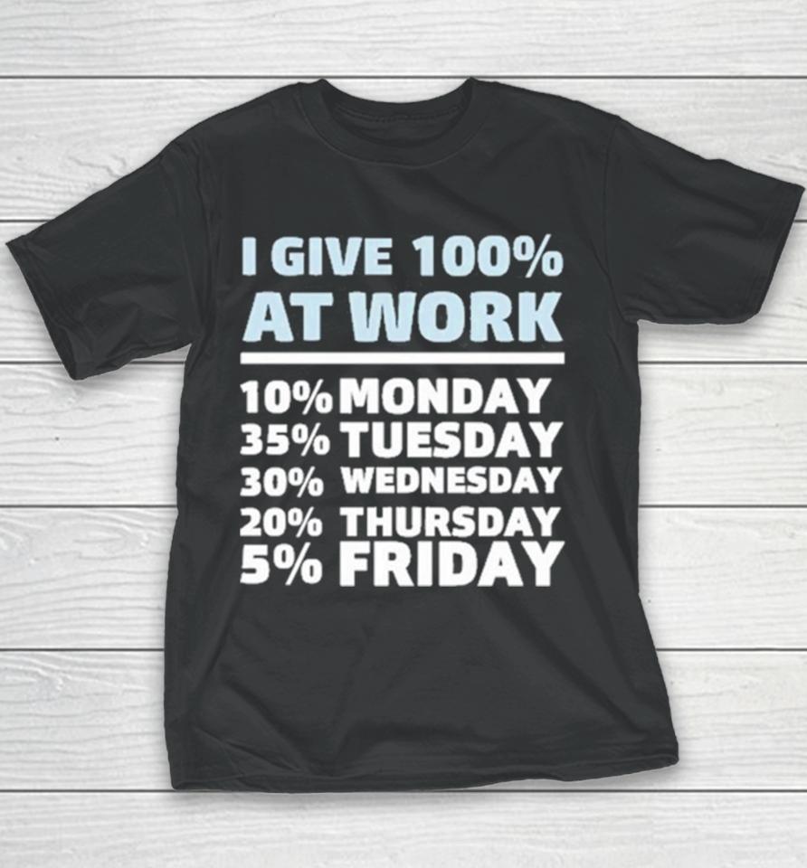 I Give 100% At Work 10% Monday 35% Tuesday 30 % Wednesday 20% Thursday 5% Friday Youth T-Shirt