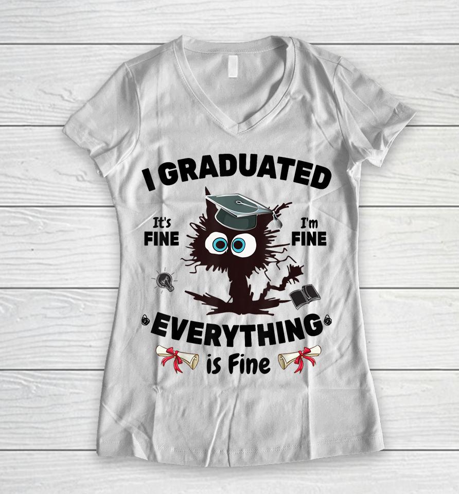 I Graduated Graduate Class 2023 Funny Black Cat Graduation Women V-Neck T-Shirt