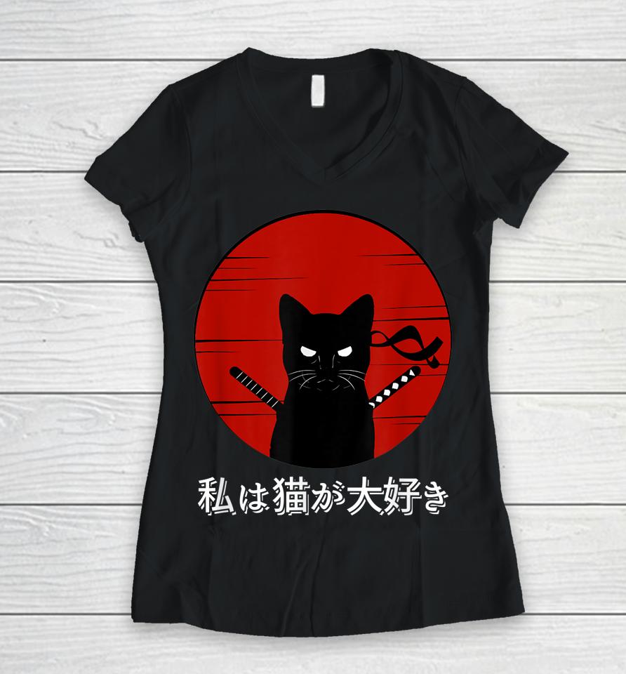 I Love Cats Japanese Sunset Samurai Cat Kitten Lover Women V-Neck T-Shirt