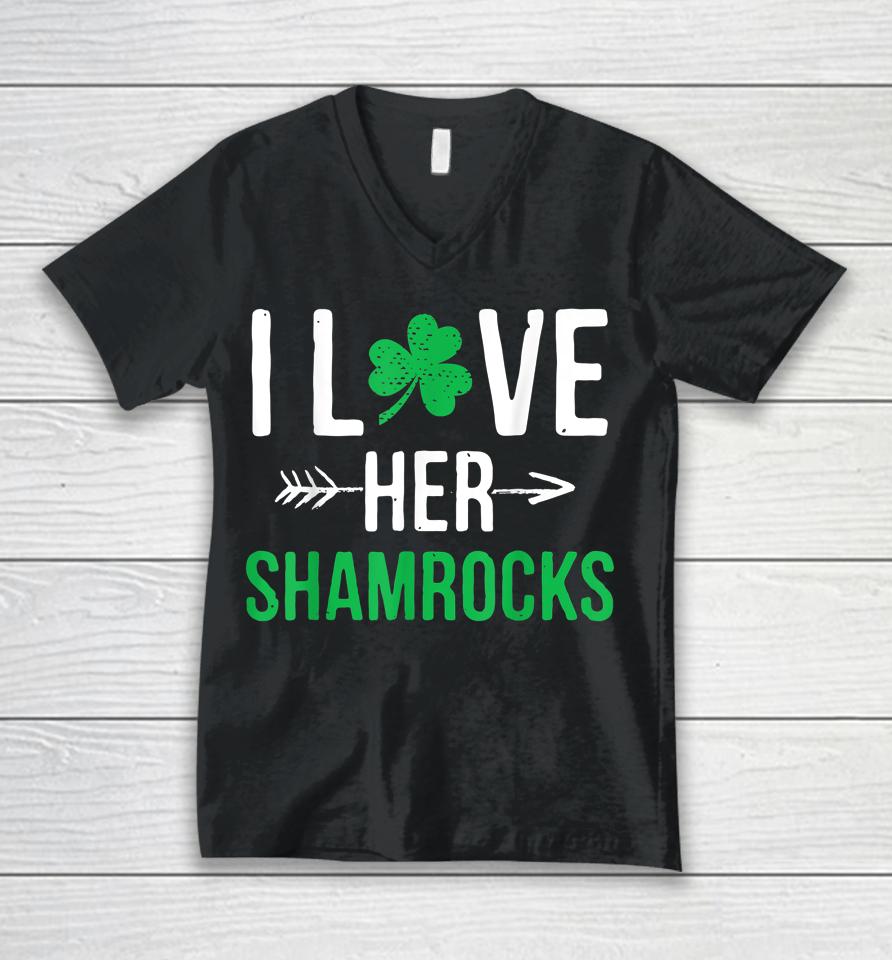 I Love Her Shamrocks St Patrick's Day Couples Unisex V-Neck T-Shirt