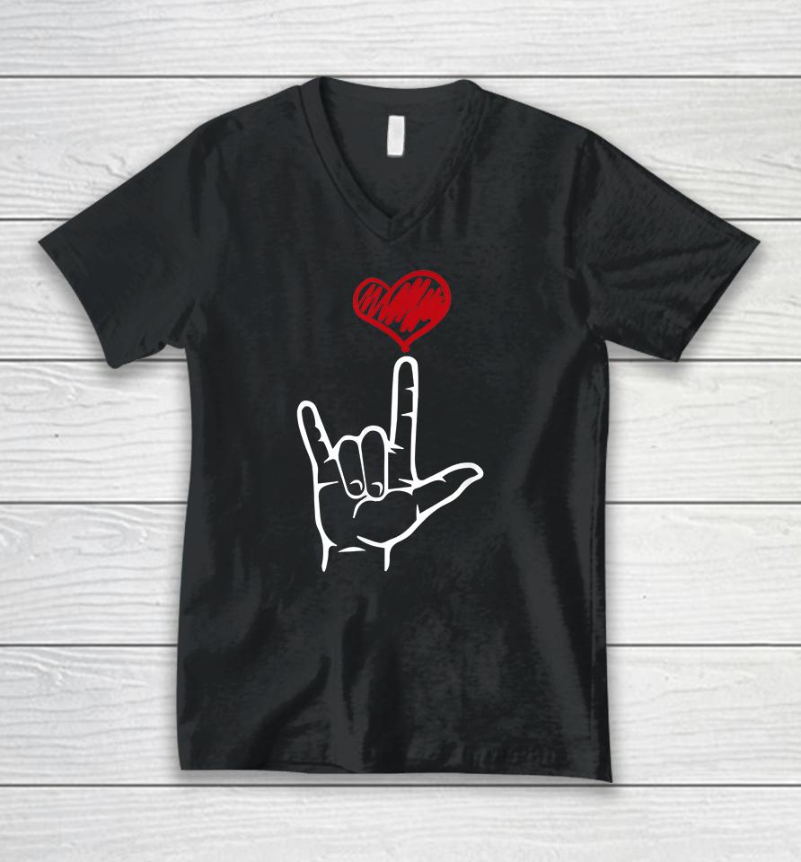 I Love You Hand Heart American Sign Language Unisex V-Neck T-Shirt