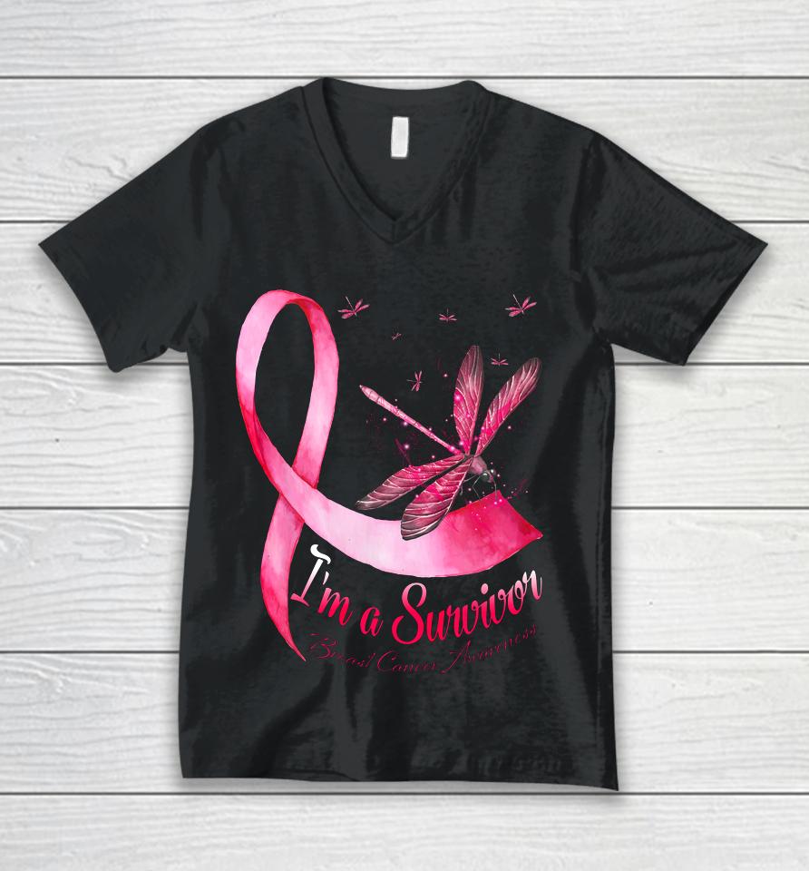 I M A Survivor Dragonfly Breast Cancer Awareness Unisex V-Neck T-Shirt