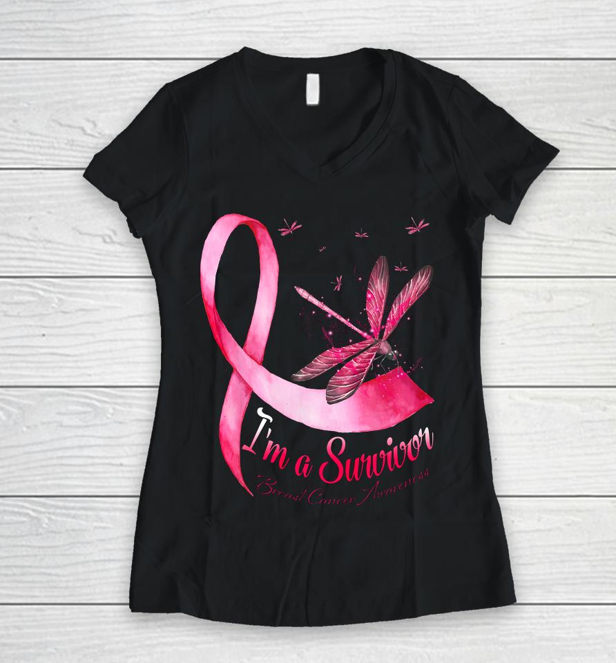 I M A Survivor Dragonfly Breast Cancer Awareness Women V-Neck T-Shirt