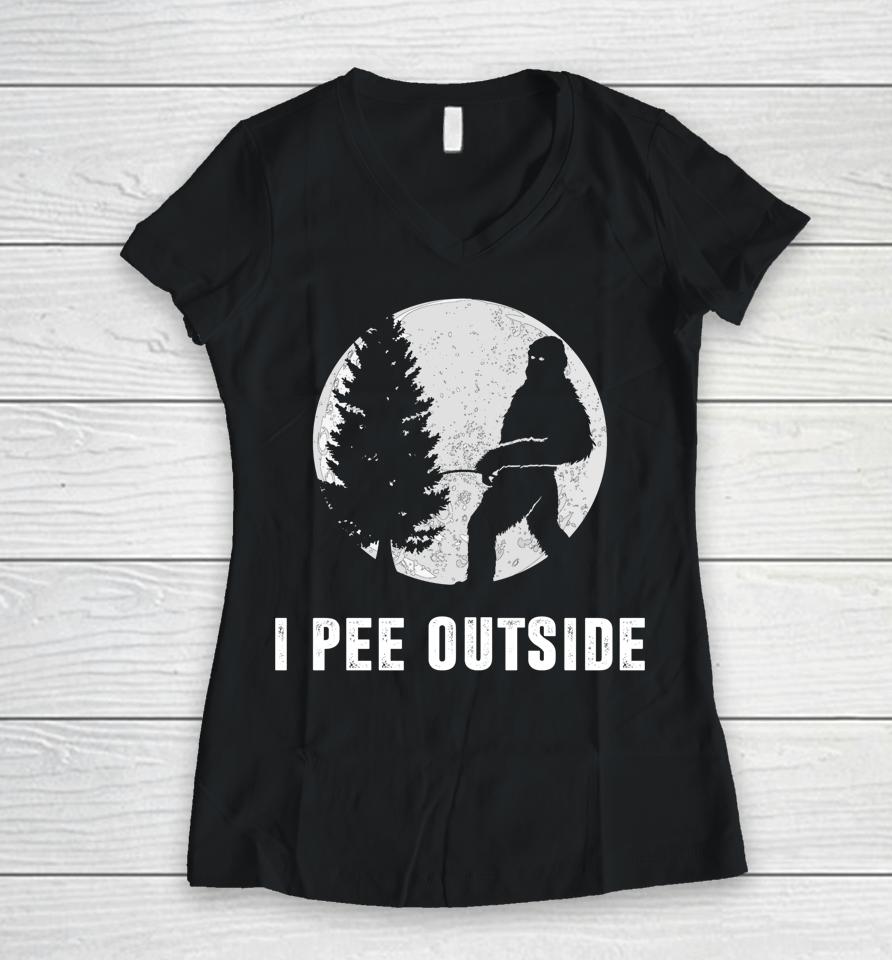 I Pee Outside Adult Humor Funny Sasquatch Bigfoot Camping Women V-Neck T-Shirt