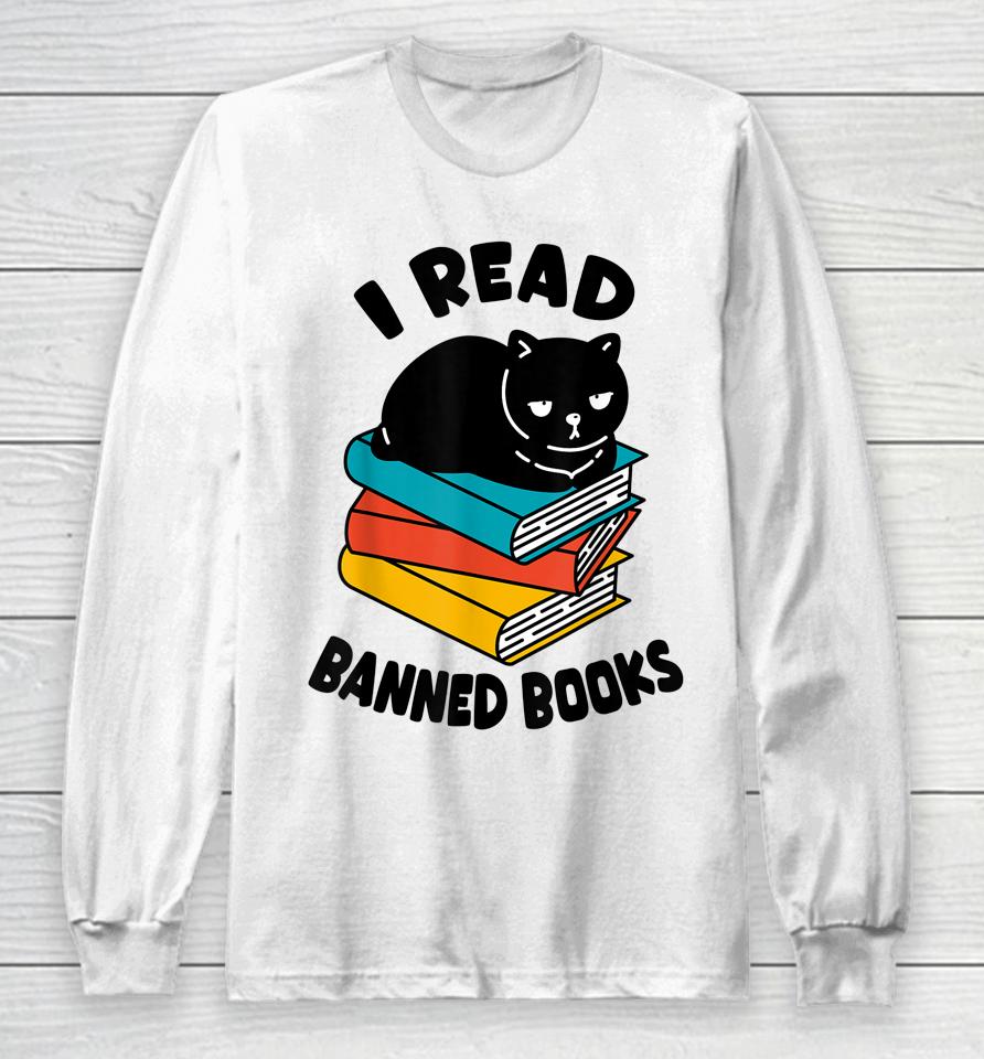I Read Banned Books T-Shirt Black Cat Reader Bookworm Women Long Sleeve T-Shirt